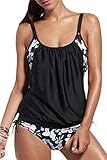 Dokotoo Womens Stripes Lined Up Double Up Tankini Top Bikini Swimwear,(US 20-22)XXXL,Black Flower