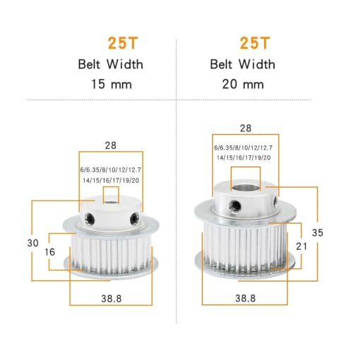 Polea de distribución 25T con ancho de 16mm hecha en aluminio ligero para ejes de 6.35mm 2