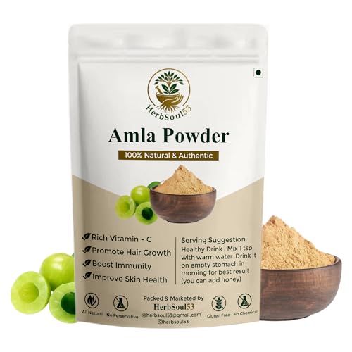 Image of HerbSoul53 Amla Powder For Hair Growth - Vitamin C Rich Pure Indian Gooseberry Churna | Superfood Ayurvedic Powder for Immunity, Drinking, Eating & Skin Health | Chemical & Preservative Free (200 Gram)