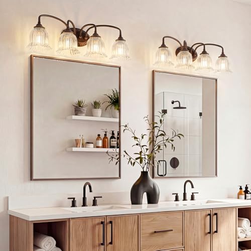 Image of Oil Rubbed Bronze 4-Light Bathroom Light Fixtures with Floral Glass Shade | Vintage Vanity Lights Wall Sconces Over Mirror for Bathroom Powder Room