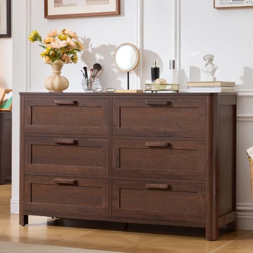 Image of Joaxswe Farmhouse 6 Drawer Dresser for Bedroom, Horizontal Dressers with 6 Deep Drawers & 4 Thickened Table Legs & Round Table Corner, Walnut