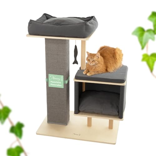 Nemmy Premium Kratzbaum mittel grau | Stabiler Kratzstamm extra hoch und breit | Katzenbett mit Kissen | Katzenhöhle große Katzen | Modern Holz Natur | Kratzsäule