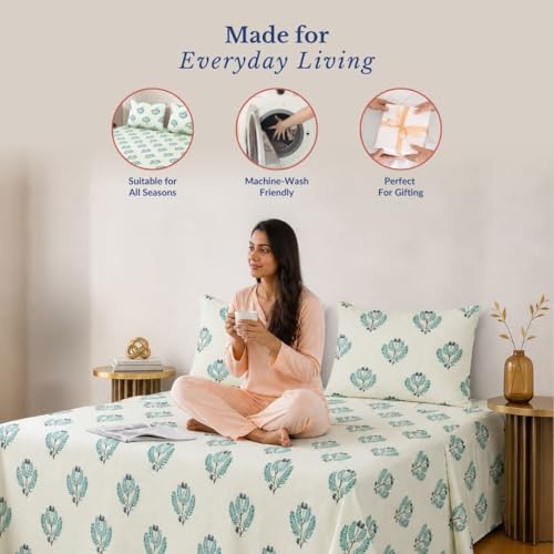 Image of Jaipur Weaves Cotton King Size Bedsheet 108x108 Super King, 100% Pure Cotton Bed Sheet with 2 Pillow Covers, 240 TC Soft Breathable Floral Design Bedding - (Spring Tulips Green, Super King)
