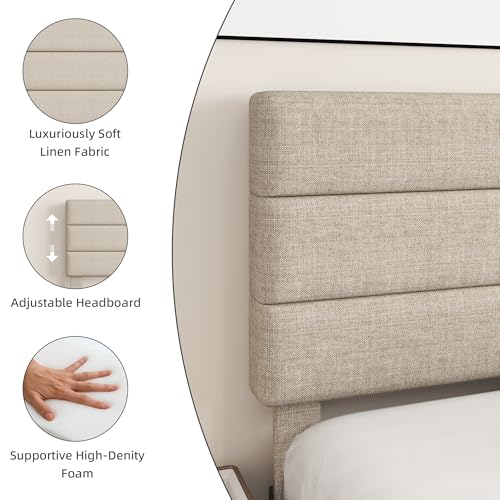 King Platform Bed Frame with Adjustable Linen Fabric Upholstered Headboard, Strong Slats Support, Noise-Free, No Box Spring Required, Easy Assembly for Bedroom Guest Room, Beige - Image 4