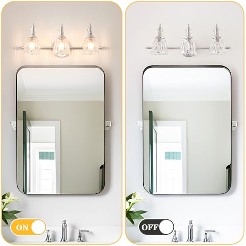 Image of Brushed Nickel Vanity Light, Antique Bathroom Vanity Light Over Mirror, 3 Light Lighting Fixture with Flower Glass Shade, Farmhouse Sconces Wall Lighting for Hallway Living Room Bedroom