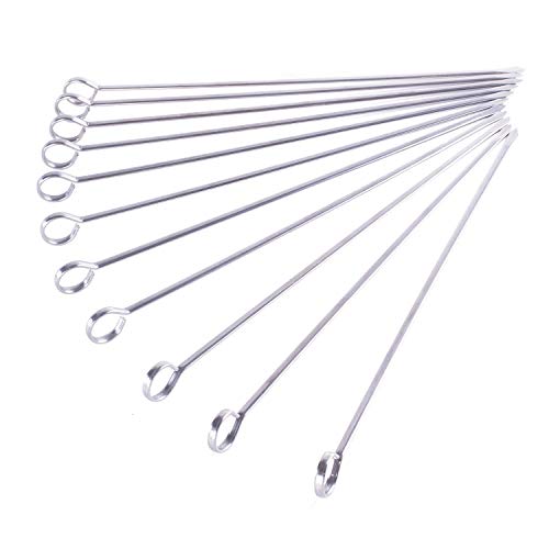 Image of ktu Long Alloy Metal, Barbecue, BBQ, Seekh Kebab Kabob Skewers, Ring-Tip Handle, 12pc Set, 16.5 inch (42cm)