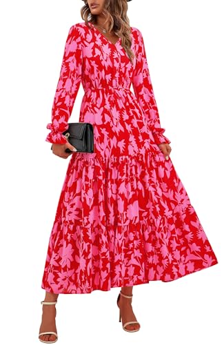 BTFBM Women Fall Dresses 2025 Casual Long Sleeve V Neck Maxi Dresses Floral Boho Long Dress Wedding Guest Dress