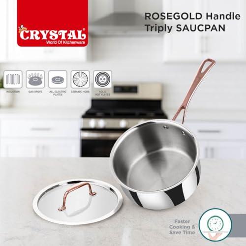 Image of Crystal TriPro -Triply Stainless Steel Saucepan with Lid - 18 cm (Induction Bottom), with Rose Gold Handle (CTP-SP-003A)