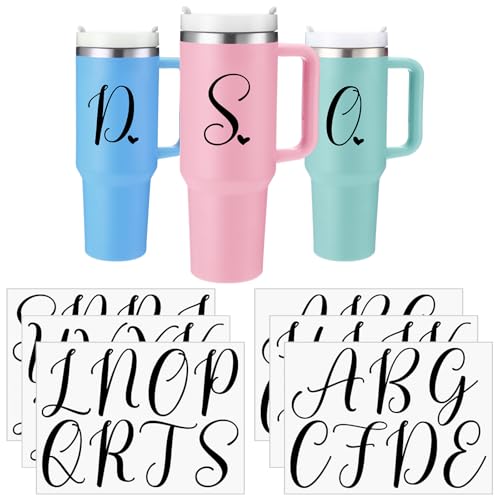 Honoson 6 Sheets UV DTF Cup Wrap Initial Letter Stickers with Heart Sticker Waterproof Custom Vinyl Lettering Alphabet Stickers Personalized Name Decals for 14-40oz Tumbler Cup Water Bottle DIY(Black)