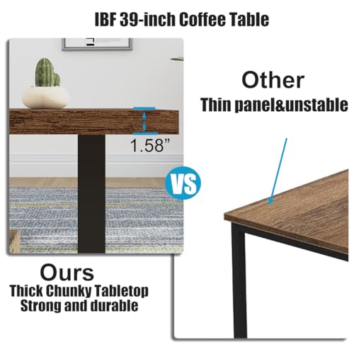 IBF Rustic Coffee Table, Industrial Simple Wooden Living Room Table, Modern Minimalist Farmhouse Rectangle Center Table, Wood and Metal Vintage Tea Coffee Table for Home Bedroom, Rustic Brown, 39 Inch