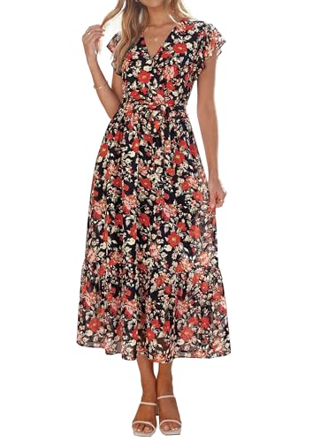 Image of PRETTYGARDEN 2023 Women's Floral Summer Dress V Neck Short Sleeve Ruffle Hem A-Line Boho Maxi Dresses