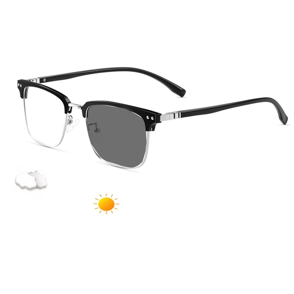 2.0 Photochrome bifokalische Lesebrille, klassische Halbrahmenleser, Sonnenbrillenetui weit und fast Doppelnutzung, Brillenetui (Farbe: Schwarz Silber, Größe: +2,50)