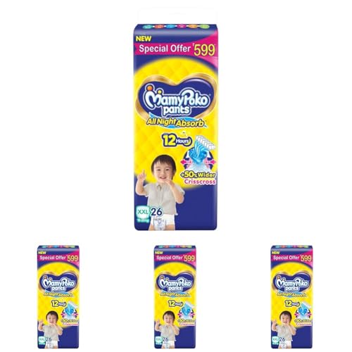 Image of MamyPoko Pants All Night Absorb|Pant Style Baby Diapers XX- Large Size(XXL),26 Count, For 15-25 Kgs|+50% Wider And Repeated Absorption For All night 12hr Protection From Leakage,Prevents Heaviness