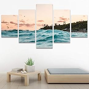 SIGNWIN 5 Panel Canvas Wall Art Beach Blue...