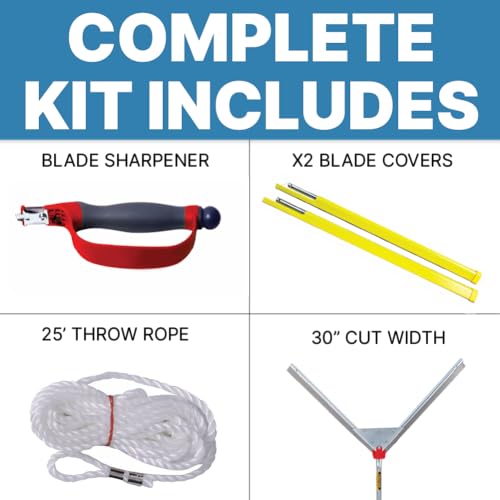 Jenlis Weed Razer Express, Lake Weed Cutter, Compact Aquatic Pond Plant Cutting Tool, Sharp Razor Blades Shear Cattail, Reed, Phragmites Lilly & Chara Algae, 30” Inch Cut Width, 25 Foot Throw Rope