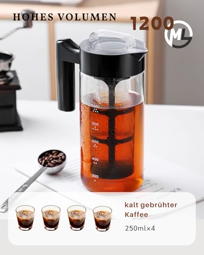 JanYoo Cold Brew Kaffeebereiter 1200ml, Cold Brew Coffee Maker mit Feinstfilter, Brühglas Karaffe mit Anti-Rutsch Henkel, Ausguss Karaffe für Eiskaffee, Eistee