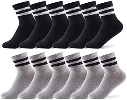 Oohmy Boys Socks 12-Pack Cotton Athletic Ankle Socks for Boys and Girls Kids Toddler Socks(black+grey, L(9-12years))