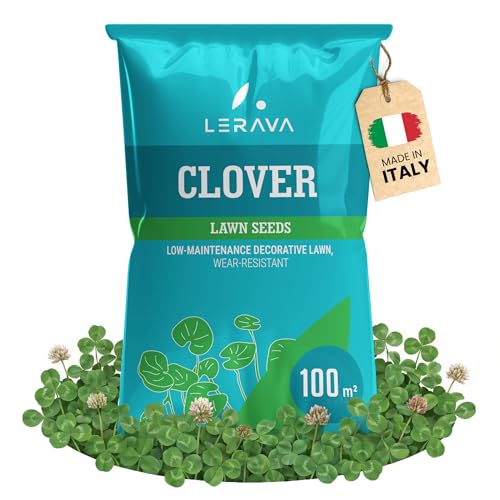 LERAVA Clover Lawn Seeds (100 m) - No Mowing Required - Micro Clover Seeds for Green Lawn - Improves Soil Fertility & Walkable Ground Cover - White Flowers for Gardens - 400g