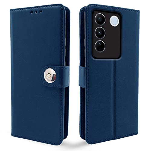 Image of Pikkme Vivo V27 / V27 Pro 5G Flip Cover Leather Finish | Inside TPU with Card Pockets | Wallet Stand and Shock Proof | Complete Protection Button Flip Case (Blue)