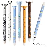 6 Packs of Erasable Pens Black, 0.5mmTip Rub out Pens with Thermosensitive Erase Ink, Cute Animal Designs for Student Stationery Office Supplies, Elk, Panda, Zebra, Elephant, Monkey, Sika Deer