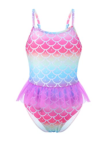 renvena Girls One Piece Colorful Swimwear Mermaid Spaghetti Straps Fish Scales Swim Leotard Ruched Beachwear