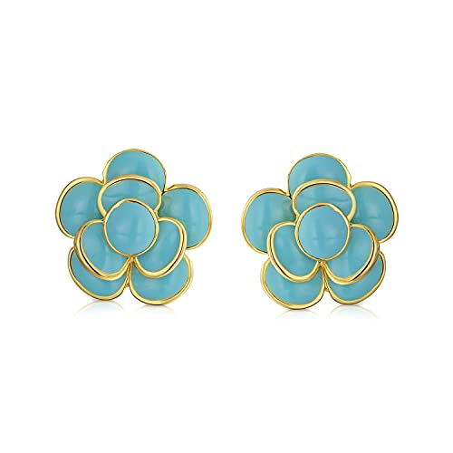 Red Simulated Turquoise Aqua Blue Enamel Button Style 3D Rose Flower Spring Retro Stud Earrings For Women Pierced Ears 14K Gold Plated Brass2
