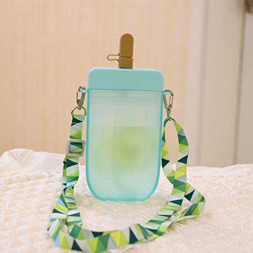 300ml Cute Water Bottles with Straws, Creative Ice Cream Plastic Popsicle Drink Water Bottles, BPA Free Transparent Water Jug, Adjustable Shoulder Strap, for Outdoor Camping Sports Travel, 10 oz(blue)
