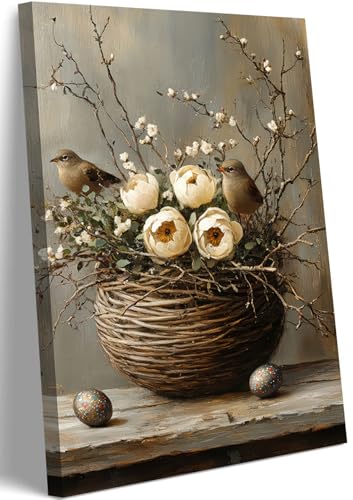 HKMXCD 1Pcs Birdie Canvas Wall Art Flower basket with bird Print Country style pictures Retro Farmhouse painting Artwork birds Wall Decor for Living room bedroom kitchen home decoration 12x16in