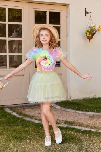 Image of Arshiner Girls Shirts Mesh Puff Short Sleeves Tops Cute Print Kids Tees