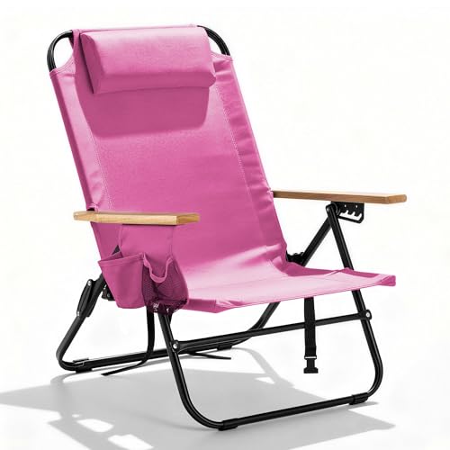 Canpsky Premium Portable Camping Chair 5-Position Recliner Beach Folding Lightweight Outdoor Chair with Wooden Armrests Headrest Multi-Pockets Heavy Duty 350lbs for Patio Backyard Pink