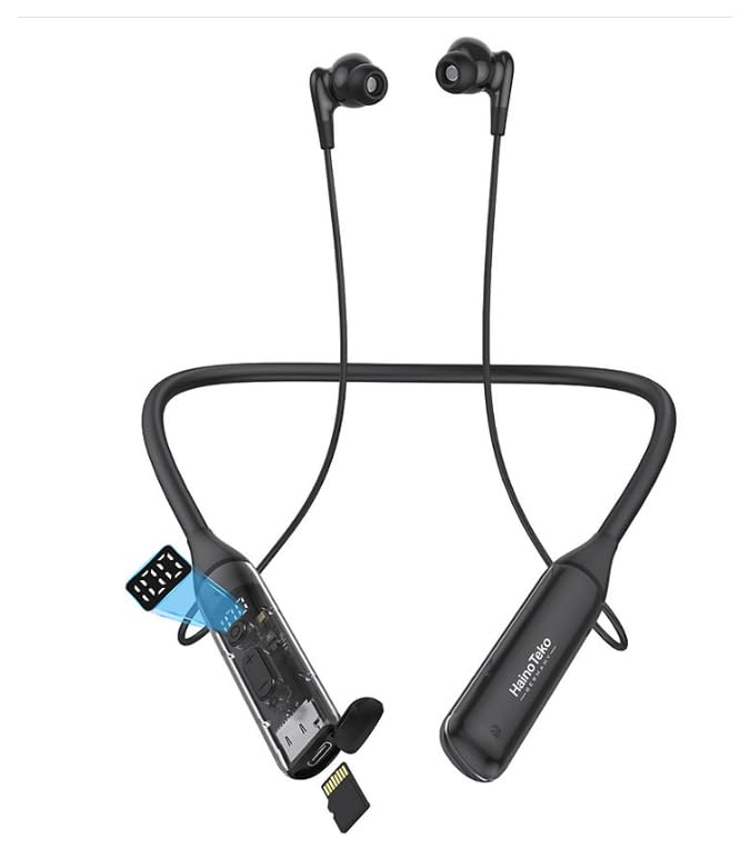 HainoTeko HN-102 Neckband Wireless Earphones with TF Card Support Hi-Res Audio Up to 100 Hours Music Playback and Microphone (Black)