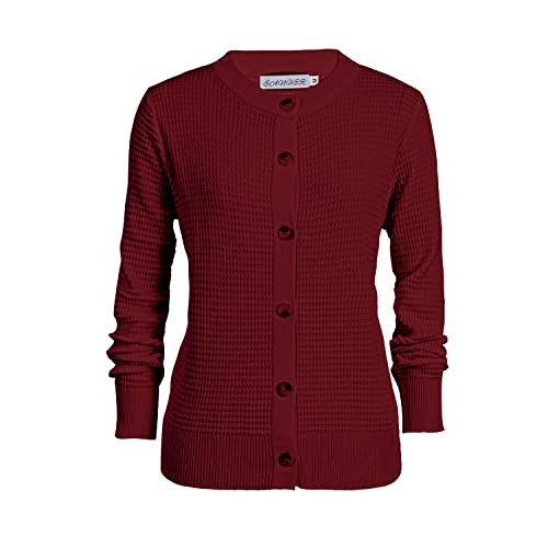Image of Women's Crew Neck Button Down Long Sleeve Solid Knit Classic Cardigan Sweater Wine Red