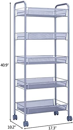 BNSPLY Rolling Storage Cart with Honeycomb Mesh Basket, Metal Utility Wheels, Slide Out Organizer for Home, Kitchen, Bathroom, Living Room (Silver), 5-Tier 44L x 26W x 104H (SC-78183712)
