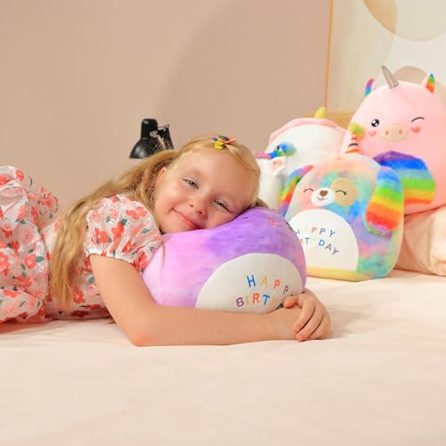Image of Easfan 12'' Rainbow Birthday Kitty Plush Pillow Soft Cat Plush Toy Cute Kitty Stuffed Animal Home Room Decoration Birthday Gifts for Kids Toddlers