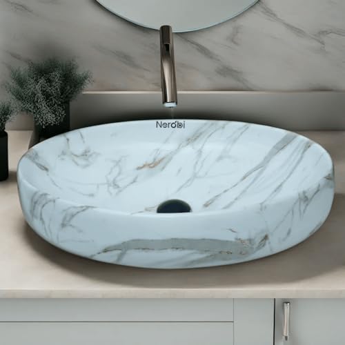 Image of Designer Counter Top Wash Basin | Tabletop Ceramic Bathroom Sink | Wash Basin Over Counter | Wash Basin For Bathroom, Living Room (24 x 15 x 6 Inch) (White N Grey Strip)