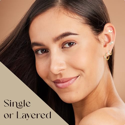 8 pcs Stack Earrings Set, 4 pairs Hypoallergenic Small Huggie Hoop Earrings, 18k Gold plated, Cubic Zirconia, Dainty Stud Earrings, Multiple Piercing, Silver posts, Trendy Jewelry for Women, Gift Box4