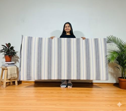 Image of Foldable Mattress Queen Bed Size 5 x 6 Feet | Soft Foam Folding Floor Sleeping Mattress with 1 Filled Pillow for Travel, Camping, Home, Yoga Hostel Guest Room PG Use | Brown White Stripped