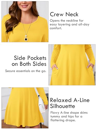 Image of AusLook Women's Plus Midi Dress Long Sleeve Crew Neck A-Line Swing Flowy Vacation Fall Wedding Guest Dresses with Pocket 1-5X