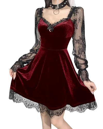 Kurzes Kleid im Gothic-Stil, Spitze, Samt, V-Ausschnitt, Halbmond, sexy, Halloween, Partykleid, Cocktailkleid, lässiges Minikleid, Herbstkleid, Rot,...