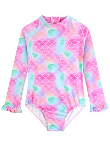Image of Alakuoti Long Sleeve One Piece Ruffle Swimsuit for Toddler Girls Baby Girl Rashguard Shirt with UPF 50+ Sun Protection
