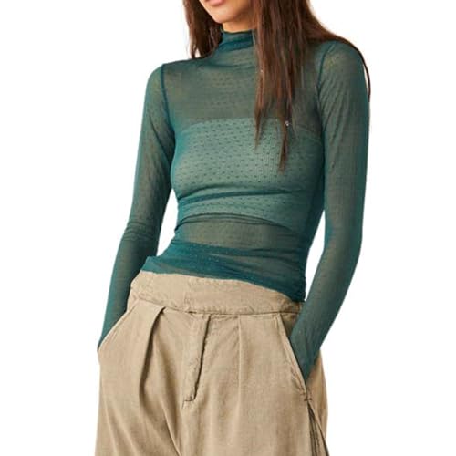 Image of Caziffer Women's Lace Layering Top Long Sleeve Sheer Mesh Mock Neck Undershirt Y2K Lace Floral Tops See Through Shirt Blouse (Polka Dot Green, L)