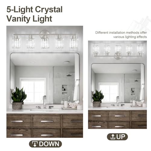 Image of Modern Brushed Nickel Crystal Bathroom Light Fixtures,5-Light | Bathroom Lighting Fixtures over Mirror,Vanity Lights for Mirror, Restroom(Ceramic E26 Socket,Bulbs Not Include)