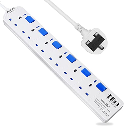 SE UKASE Extension Lead withUSB-C PD port,Fast Charging, 6 Way Plug Sockets with Individual Switches USB and Type C