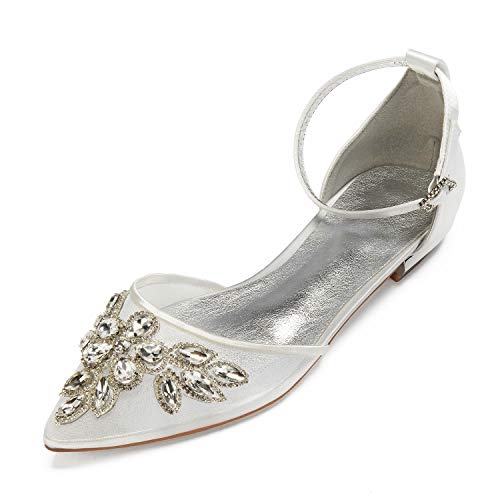 Women's Wedding Flats Pointed Toe Ankle Buckle Strap Bridal Party Flat Dress Shoes Mesh Rhinestones