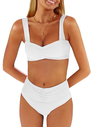 ANRABESS Bathing Suit for Women Tummy Control Bikini Set 2025 Beach Front Ruched Mid Waist Swimsuit with Adjustable Straps