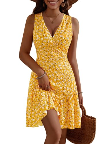 FENSACE Womens Dresses Summer Wrap V Neck Yellow Sundress Spring Dress(Floral-24,Large)