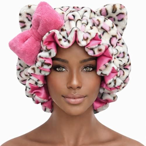 Cute Plush Animal Ear Hair Bonnet for Women - Warm Silky Satin Lined Sleep Cap for Curly Hair. Cat Bear and Leopard Designs - Pink Leopard