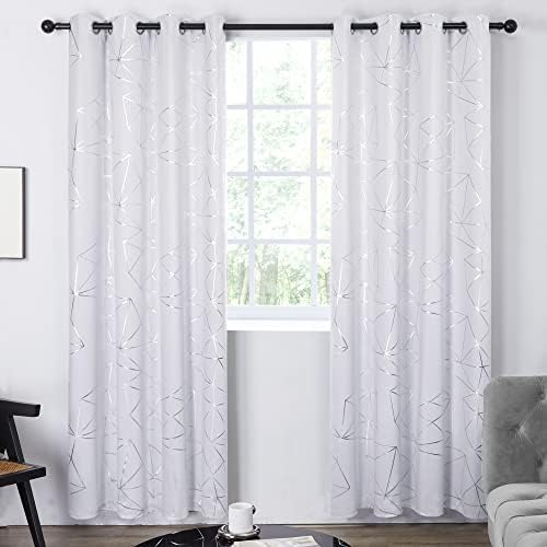 Deconovo Elegant Blackout Curtains, Noise Insulated Eyelet Curtains, Silver Floral Leaf Printed Thermal Insulated Curtains for Bedroom, 46 x 54 Inch(Width x Length), Black, 2 Panels