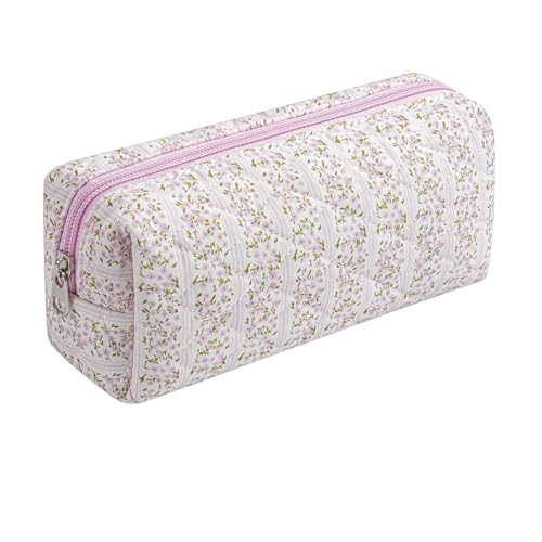 HHQQWZ Cute Floral Cotton Makeup Brush Cosmetic Bag for Women, Travel Quilted Zipper Make Up Bag, Flowers Toiletry Organizer Case Kawaii Makeup Cosmetic Travel Cloth Pouch (Pink Floral)