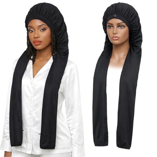ElevateTech Bonnet for Sleeping Satin Bonnet Long Braids Hair Bonnets 2 in 1 Long Braids Protector for Women Soft Breathable and Smoothy Water-Resistant UV Shield Black